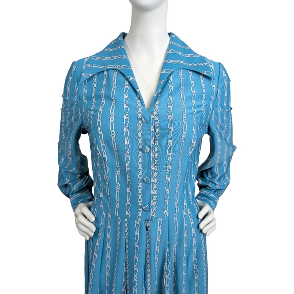 Vintage Chain Print Midi Dress | 60s 70s Mod Boho | Long Sleeve, Size Large - Picture 2 of 10